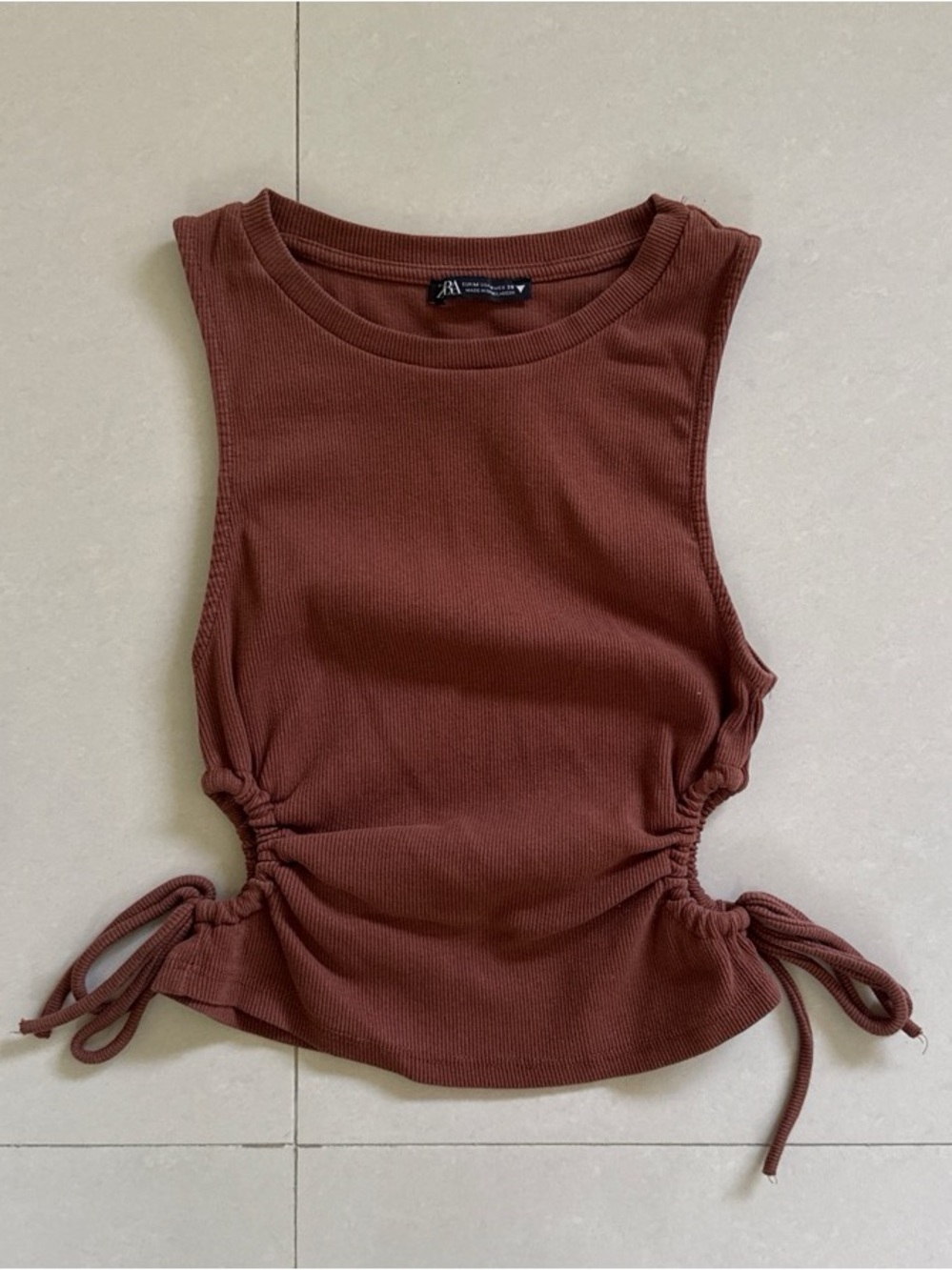 Zara Ribbed Side-Tie Cutout Tank Top in Rust Brown